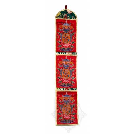 Wall banner/Letter holder - AUSPICIOUS SYMBOLS - Red embroidered silk brocade (H. 92,5cm x W. 17cm) 