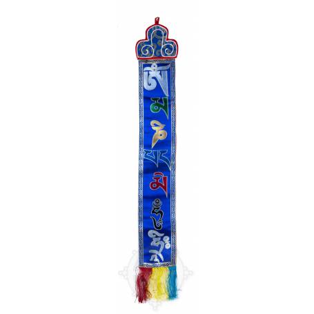 Wall banner - OM MANI PADME HUM - Silk brocade embroidered Blue (H. 72cm x W. 11cm) 