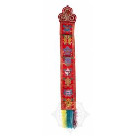 Bannière murale - SYMBÔLES AUSPICIEUX - Brocart de soie brodé Rouge (H. 66cm x l. 9,5cm) 