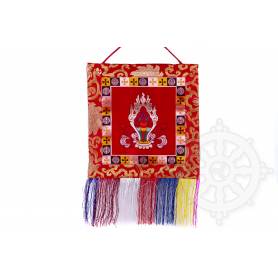 Muurbanner - NORBU / PRÉCIEUX JOYAU - Rood geborduurd zijdebrokaat (H. 28,5cm x B. 28,5cm) 