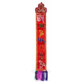 Muurbanner - OM MANI PADME HUM - Rood geborduurd zijdebrokaat (H. 72 cm x B. 11 cm) 