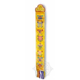 Wall banner - AUSPICIOUS SYMBOLS - Yellow embroidered silk brocade (H. 82cm x W. 9,5cm) 