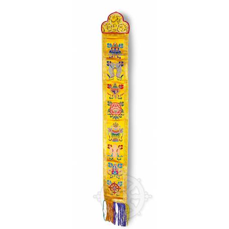 Wall banner - AUSPICIOUS SYMBOLS - Yellow embroidered silk brocade (H. 82cm x W. 9,5cm) 