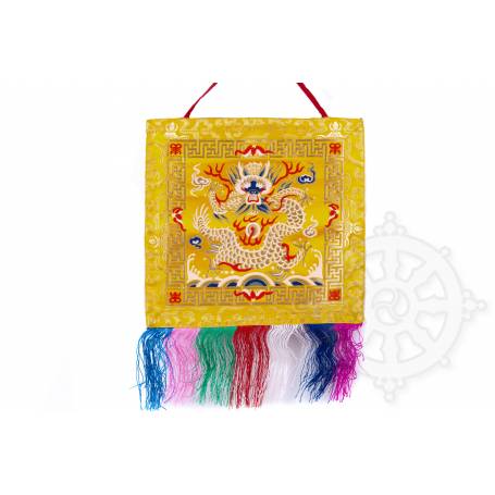 Wall banner - DRAGON - Yellow embroidered silk brocade (H. 32cm x W. 32cm) 